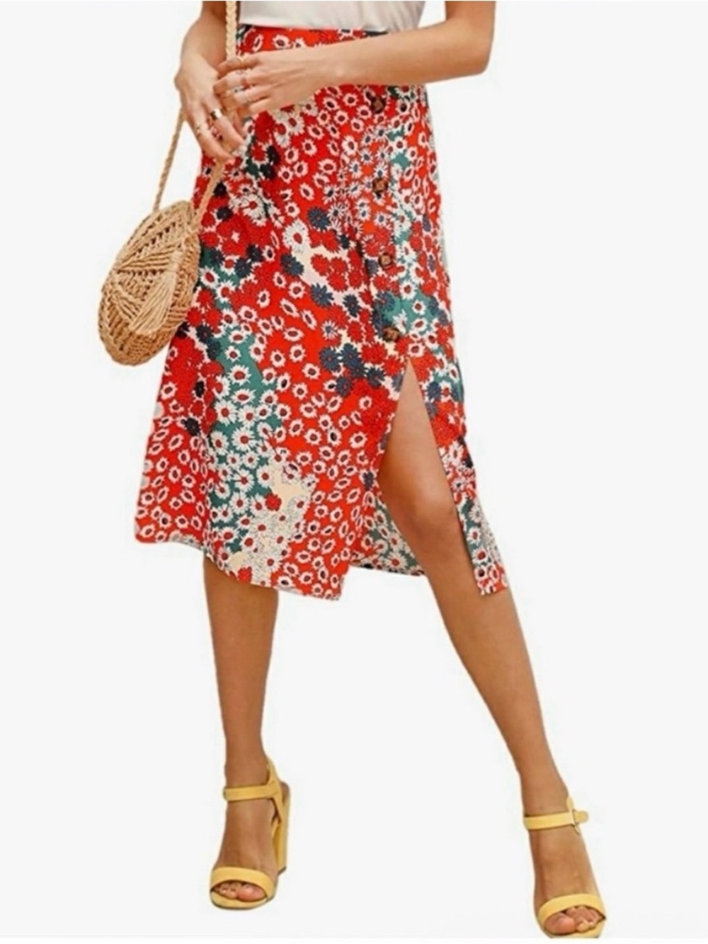 Floerns Women’s Red Floral Midi Skirt with Side Slit